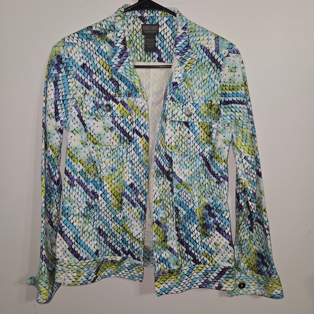 V#26 Additions by Chico's Snakeskin Print‎ Open Jacket Size 0 Petite Blue Green